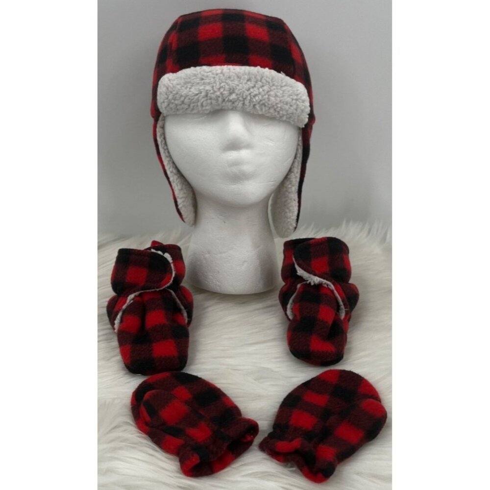 Hudson Baby 18/24 Mos Buffalo Check Plaid Aviator Trapper Hat Mitten Bootie Set